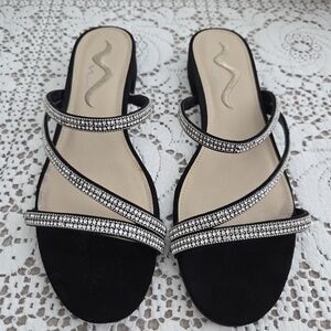 Nina Black Rhinestone Strappy Slide Mules Size 9.5